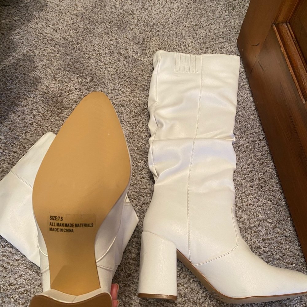 Lulus cheriton white pointed-toe knee high boots